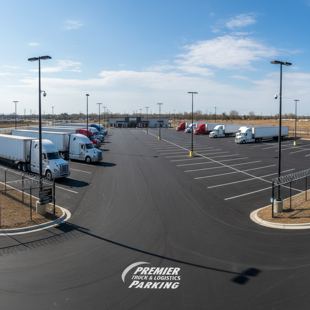 Large paved truck parking lot with yellow line markings and security lighting
