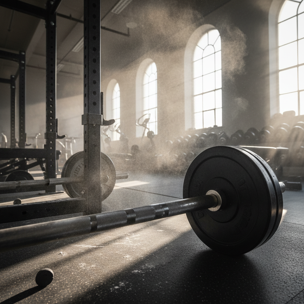 Dramatic low-angle shot of gym interior with barbells and chalk dust in morning light