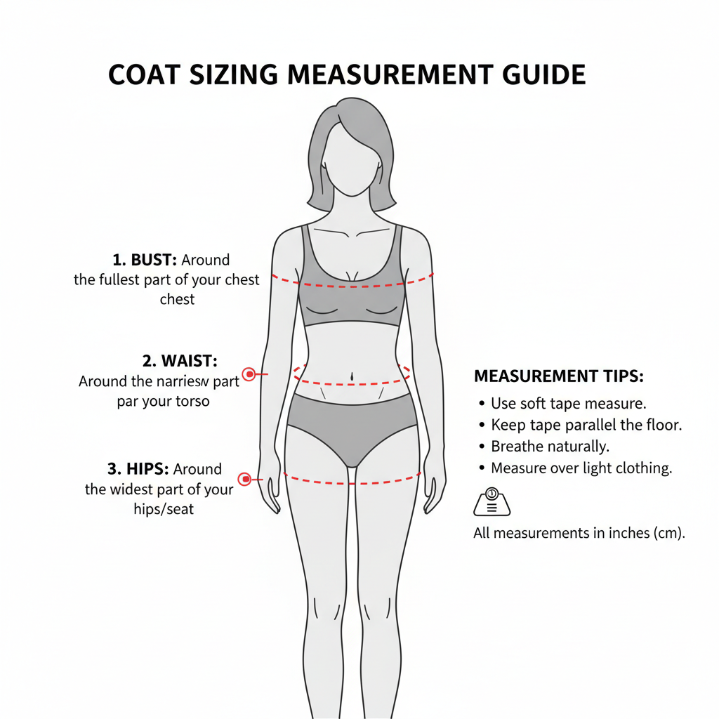 Professional illustration showing proper body measurement points for modest wear sizing including bust, waist, hip, shoulder width, and garment length measurements