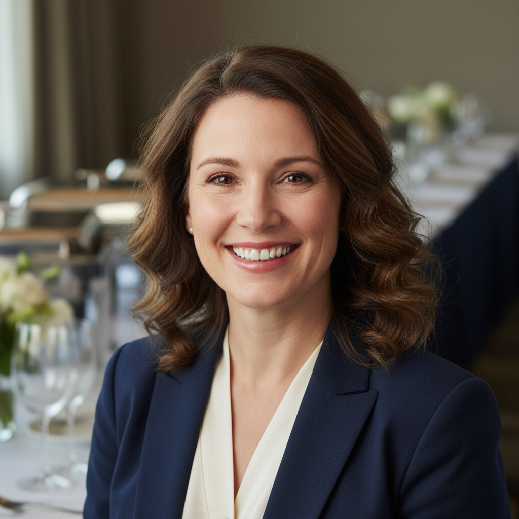 Professional woman smiling at a corporate event, formal business attire, conference venue