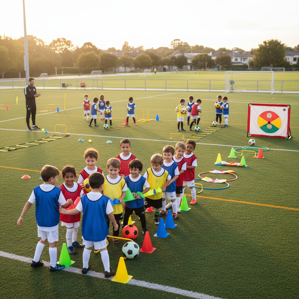 Young children in colorful athletic wear participating in speed training drills on sports field