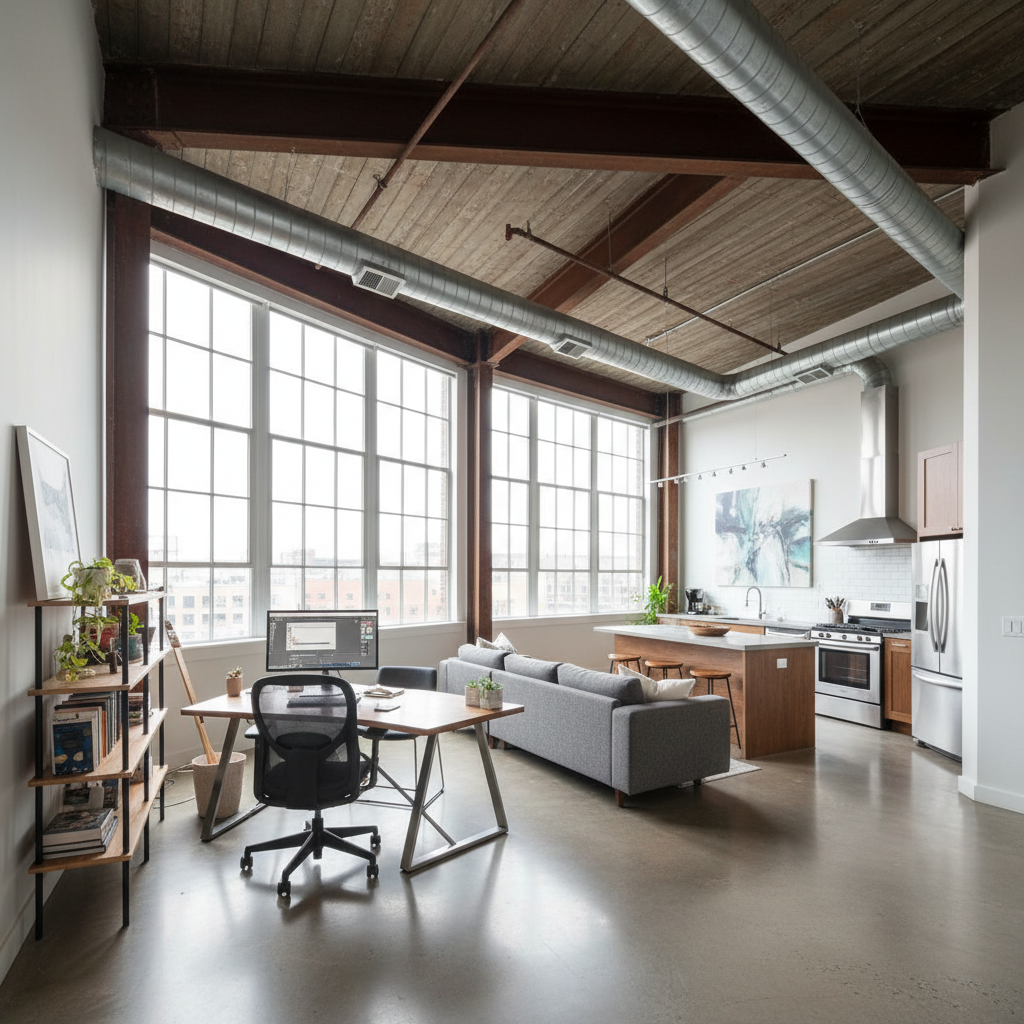 Corner unit live/work loft with wrap-around windows, exposed steel beams, a home office nook, and open kitchen visible from main workspace