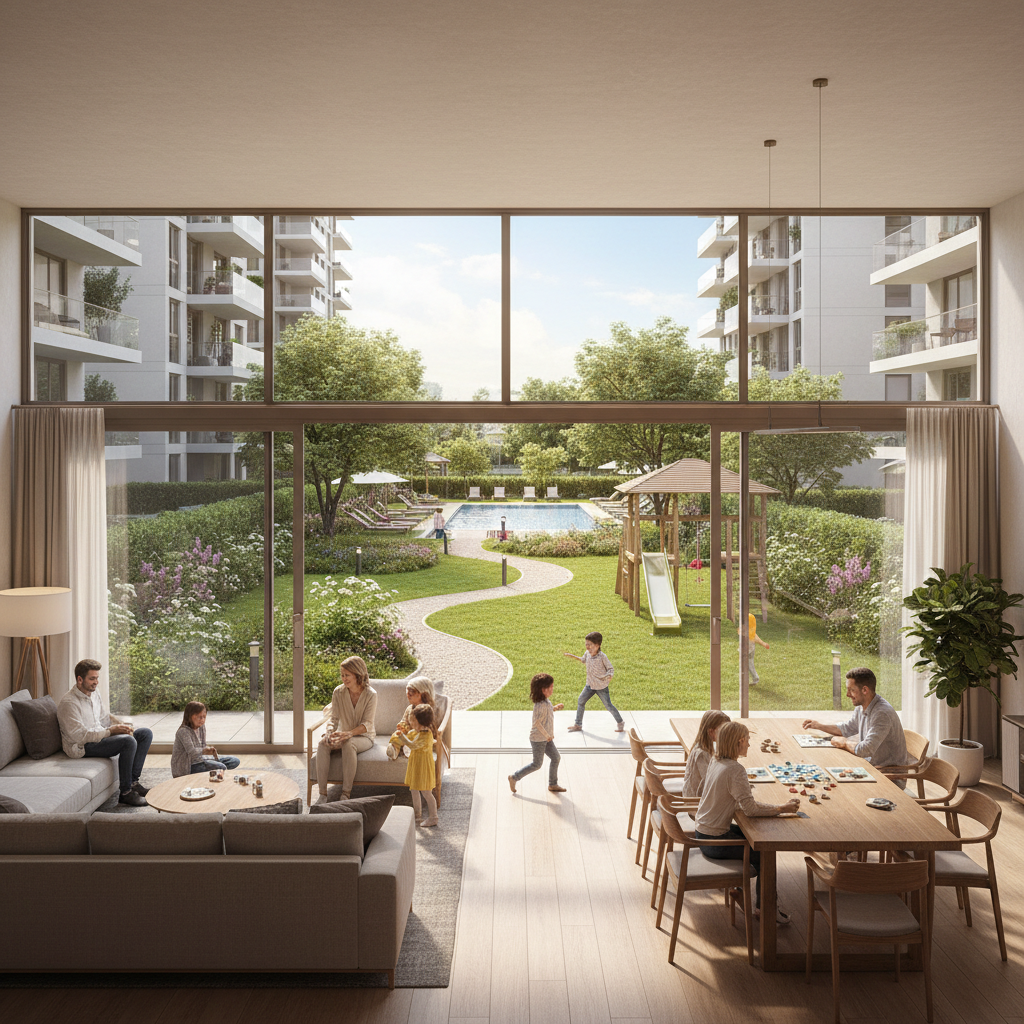 Spacious three bedroom family apartment with large living room, modern kitchen and secure compound with garden