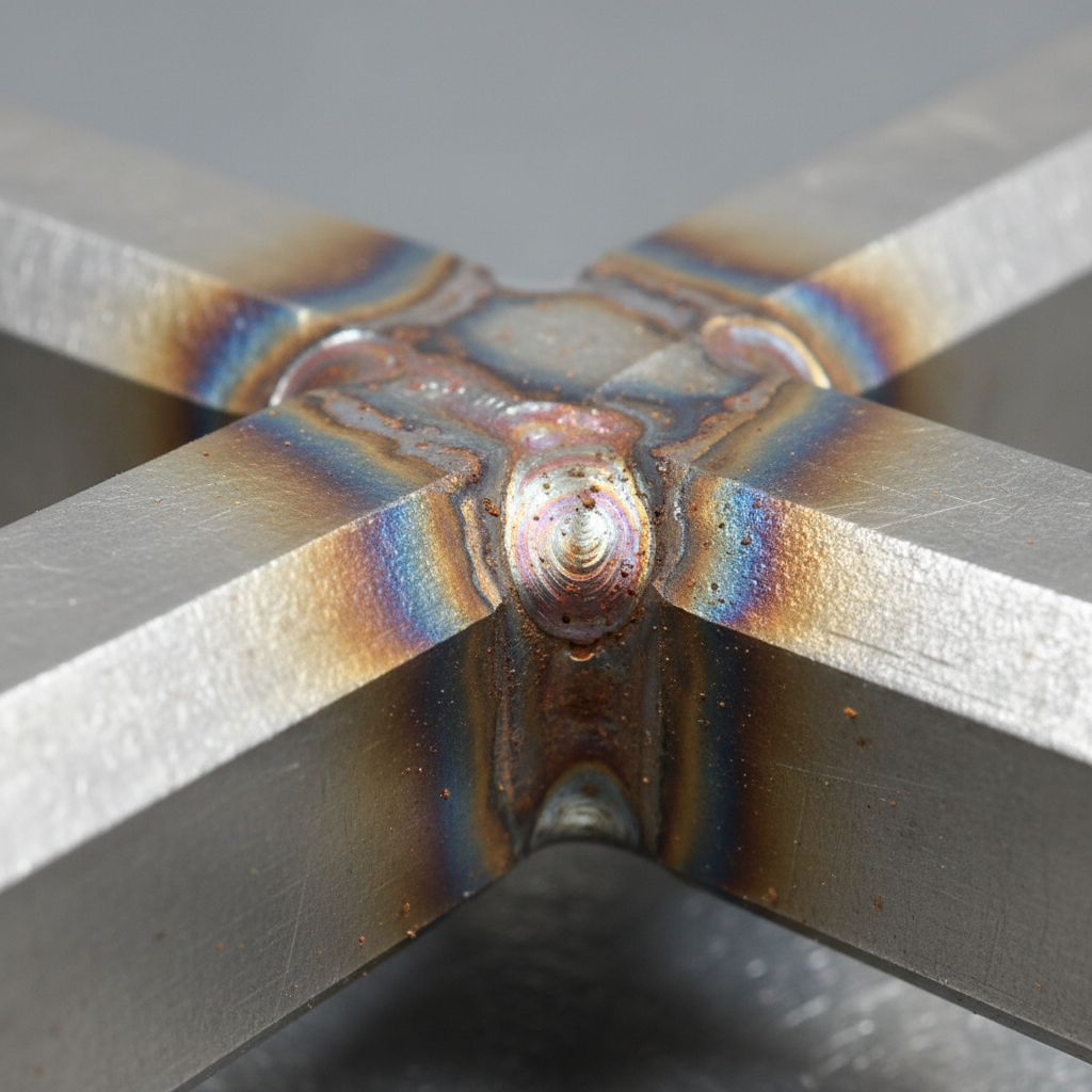 Stainless steel weld zone with orange-brown iron contamination before passivation treatment