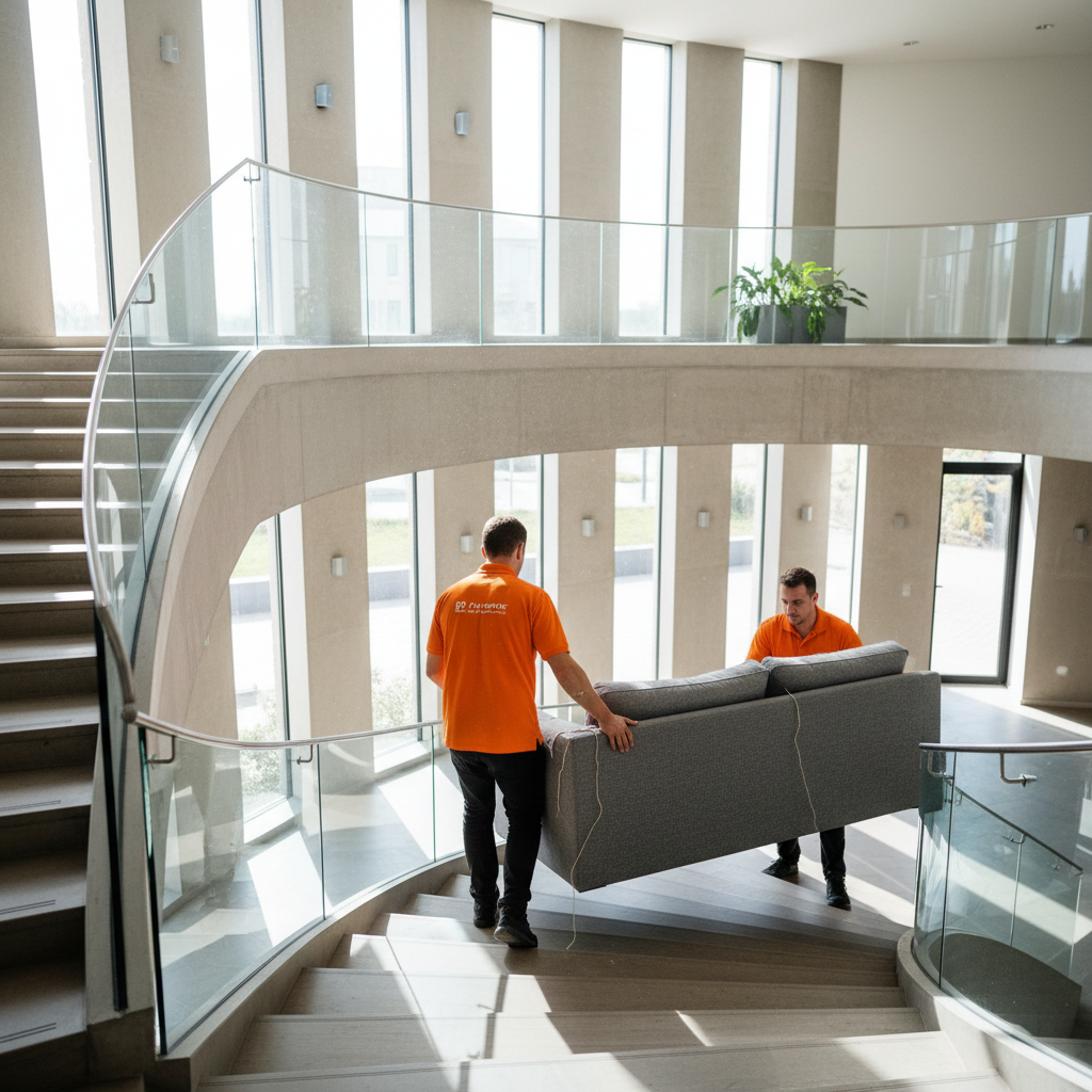 Professional movers carefully carrying furniture boxes out of a bright modern apartment, neutral daytime light