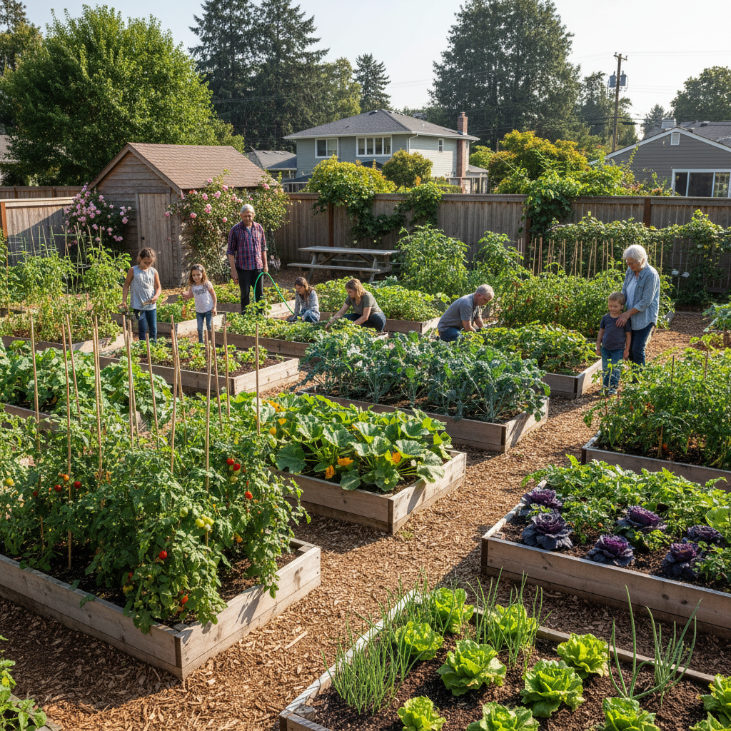 Green community garden beds with tomatoes and vegetables growing in rows