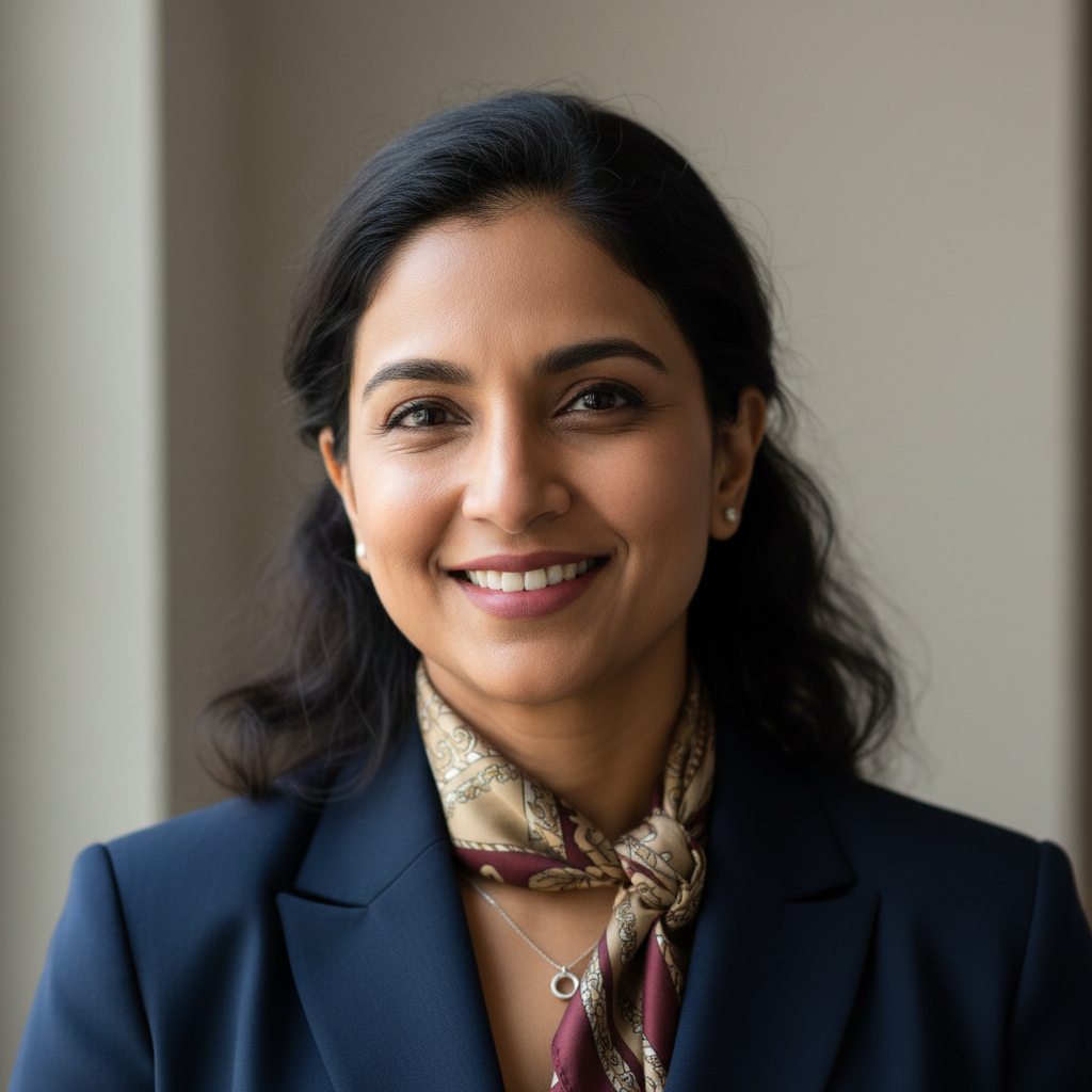 Indian woman with black hair and confident smile in professional setting