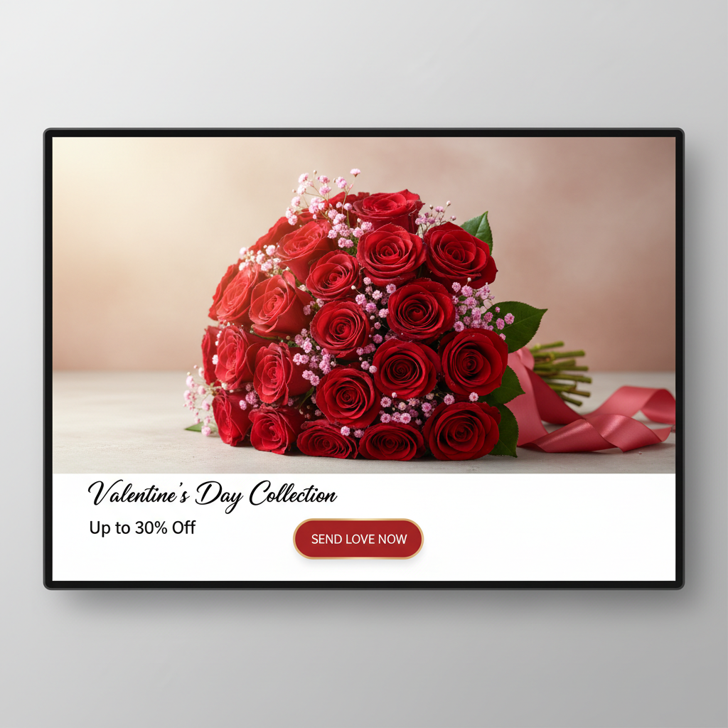 Valentine landing page hero block with red rose bouquet and call-to-action button