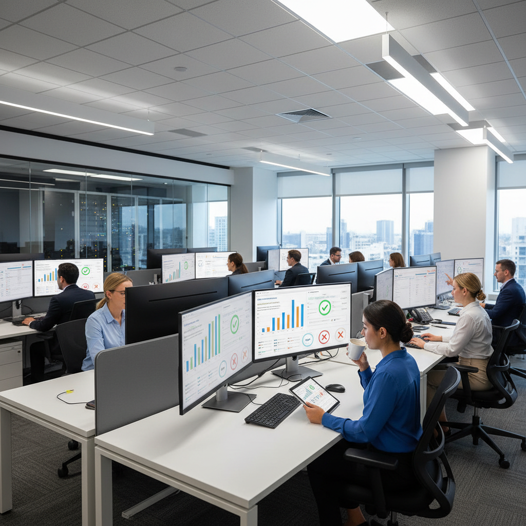 Healthcare billing staff using automated prior authorization dashboard showing real-time approval status across multiple insurance payers