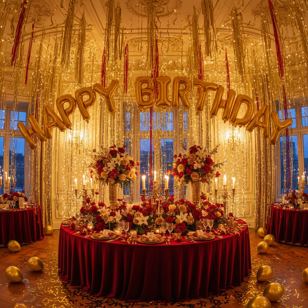 Luxury birthday party with colorful balloons, decorated tables and celebratory atmosphere