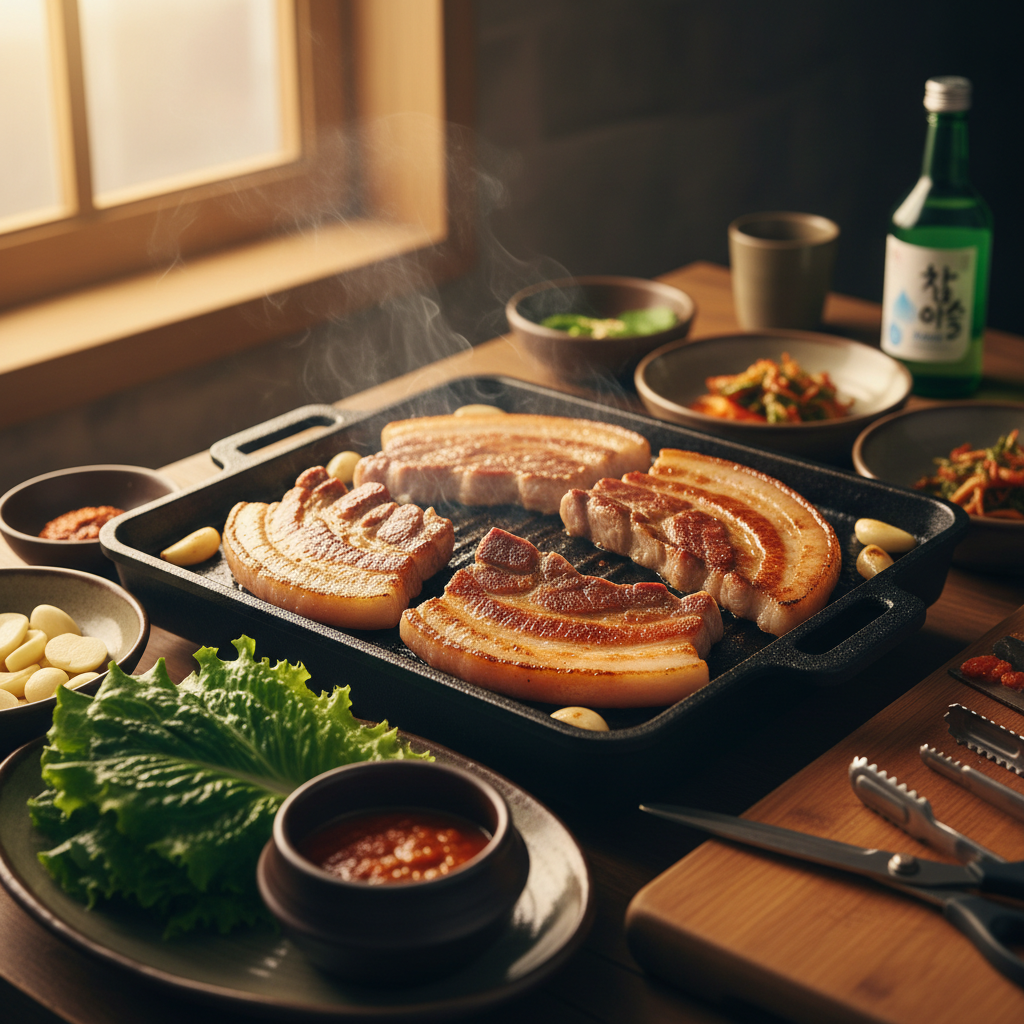 Korean BBQ pork belly samgyeopsal grilling on charcoal grill with side dishes