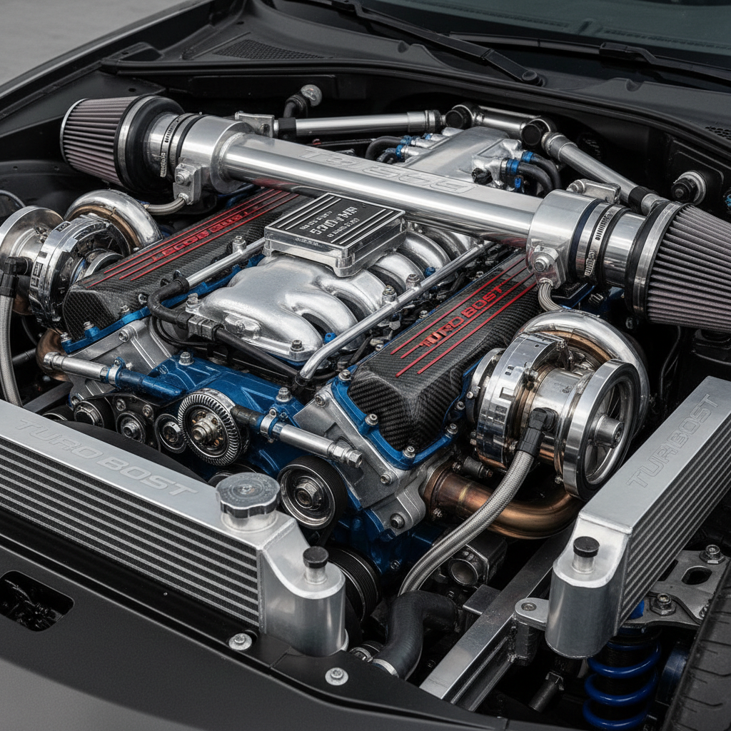 Close-up of black and silver turbo nozzle with rotating mechanism visible