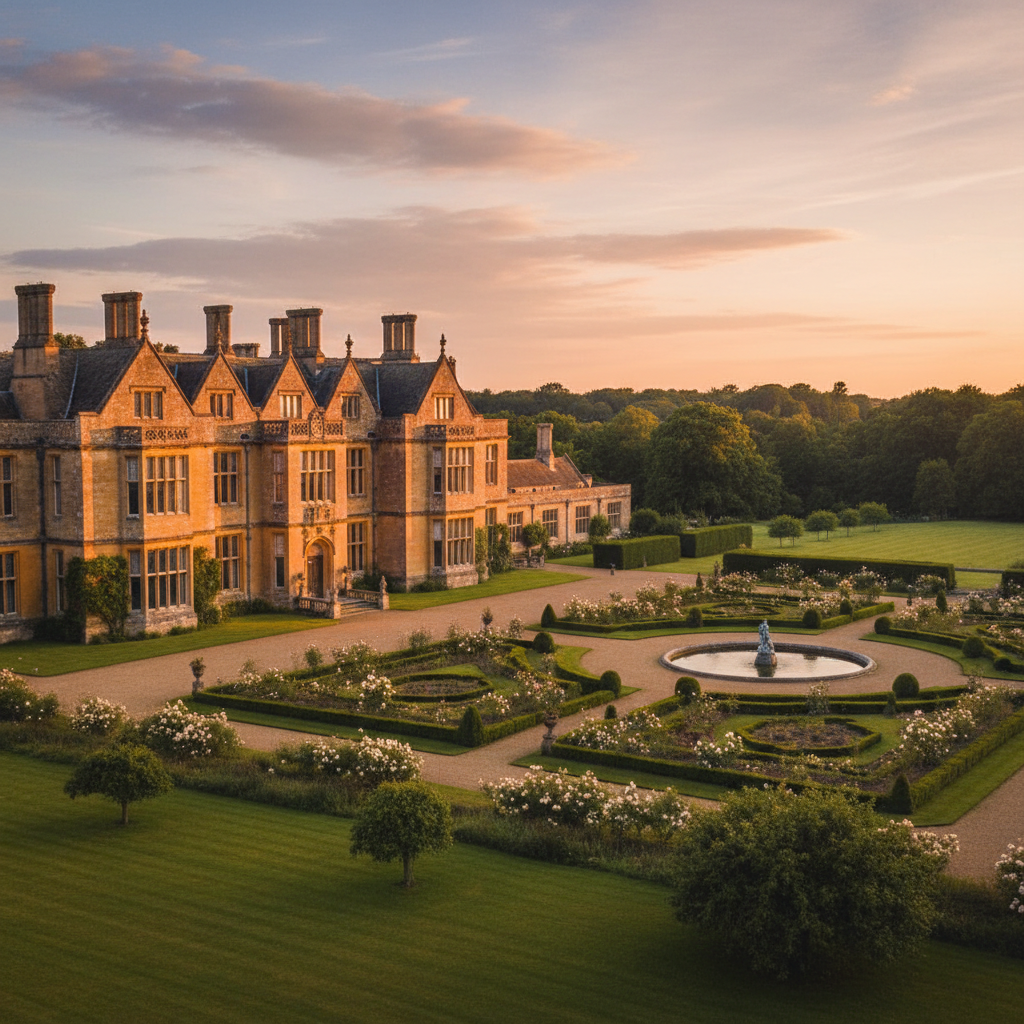 English country house hotel surrounded by woodland, golden afternoon light, manicured lawns