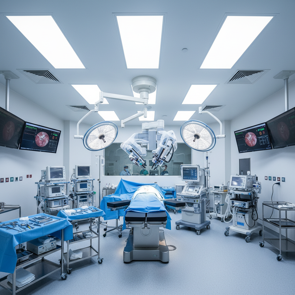 Modern bariatric surgical suite with robotic arm equipment and bright clinical lighting