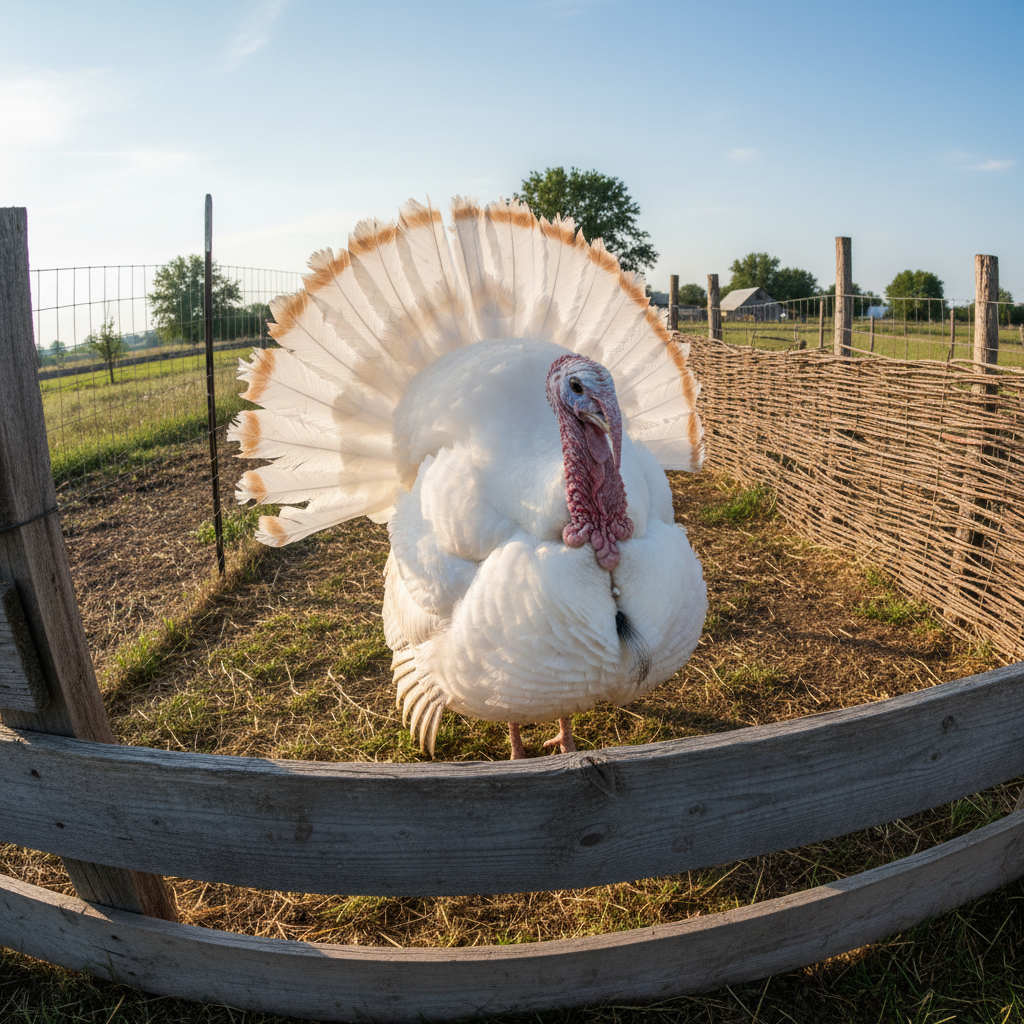 Big bronze turkeys displaying their feathers on a traditional farm
