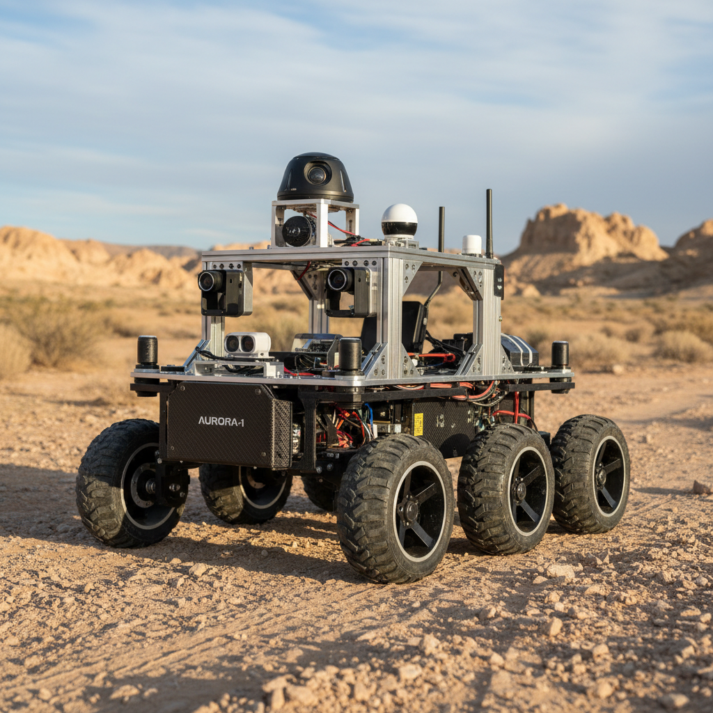 Robotics testing environment, rover on test surface, measuring equipment