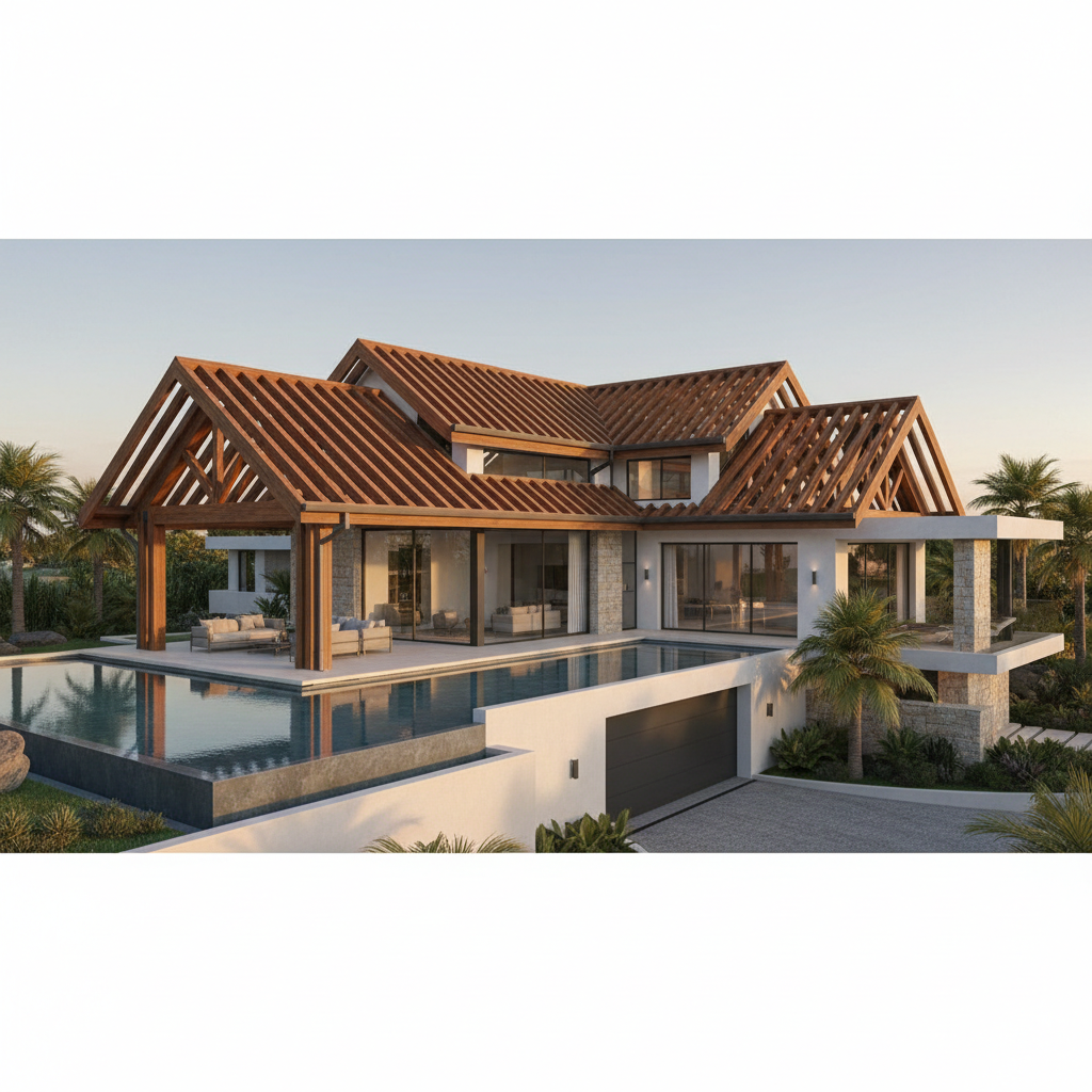 High-end hillside estate luxury home under construction with complex roofline framing and premium architectural details