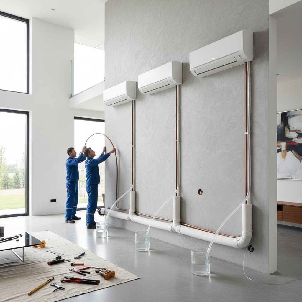 Technician installing a wall-mounted air conditioning unit indoors, bright modern interior, white walls, professional HVAC work