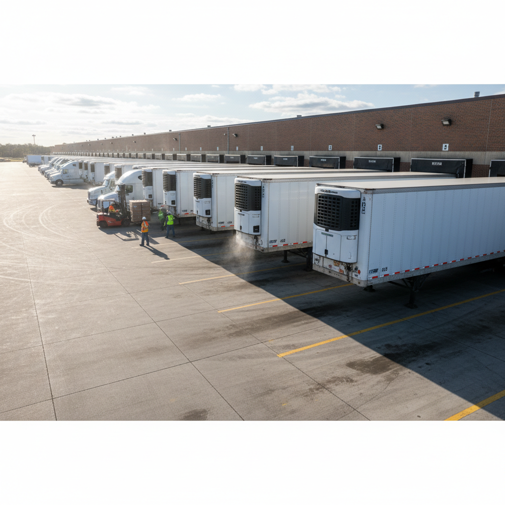 Loading dock area with multiple truck bays and refrigerated trailers