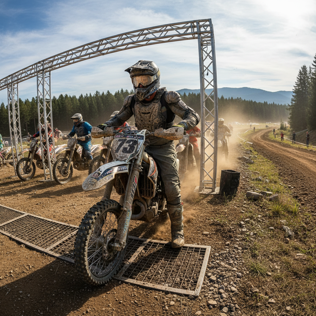 Rider in full protective gear at start gate of enduro race