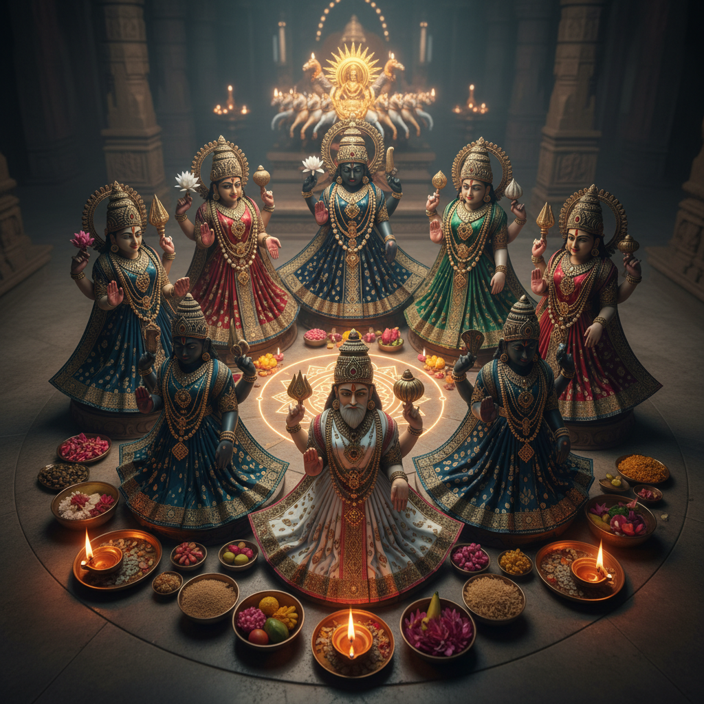 Nine planetary deity idols arranged in a circle with lit oil lamps and flower offerings
