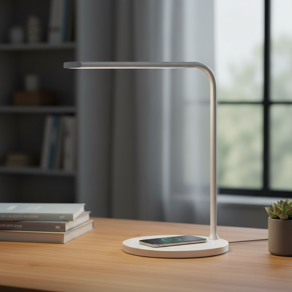 Modern white LED desk lamp on wooden desk with books