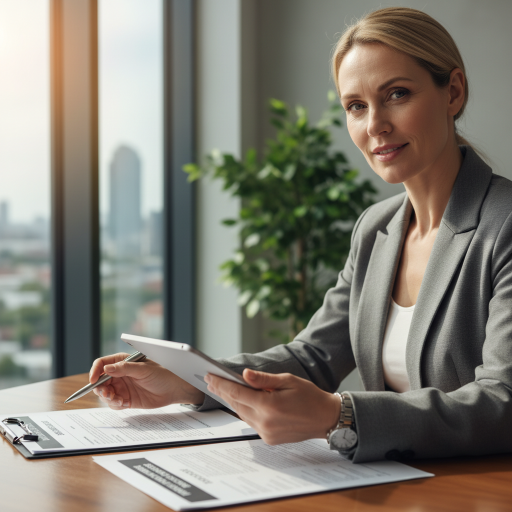 Professional in a tailored suit reviewing a document at a matte black desk