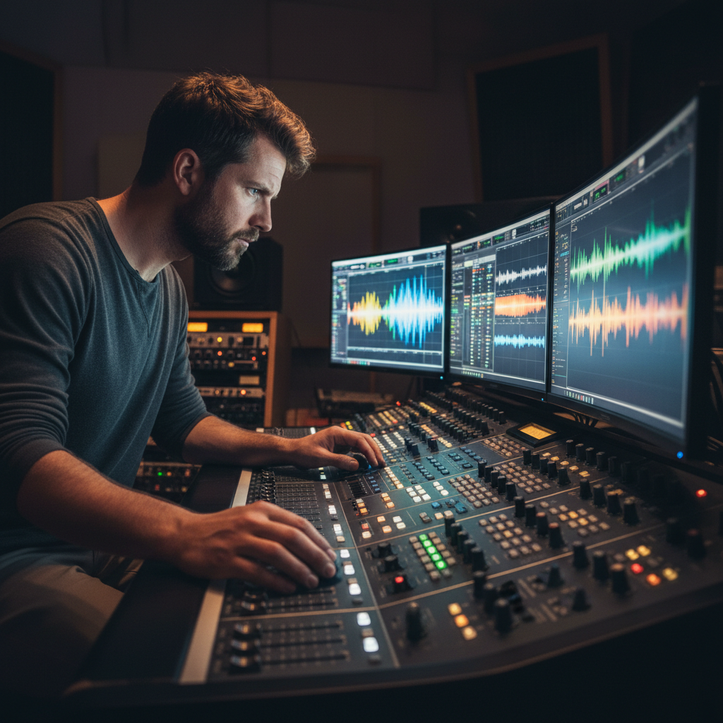 Sound design studio with mixing board and acoustic panels, engineer working on film audio in low light