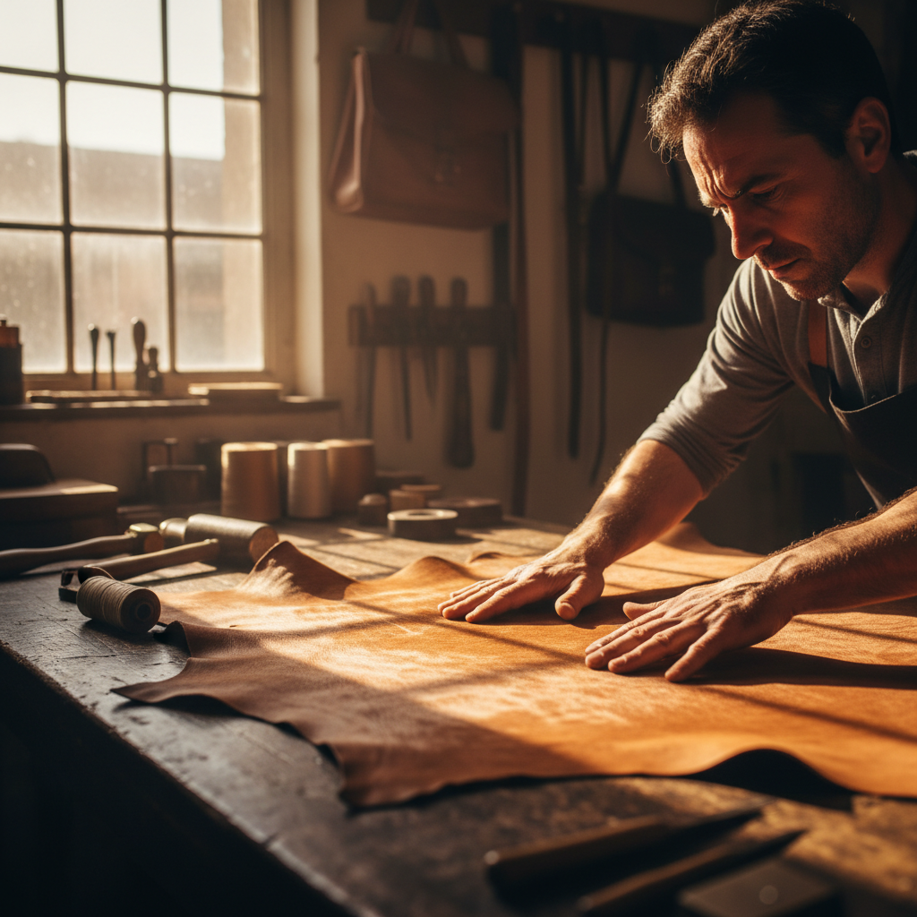 Gianluca Ferretti, master leather tanner in Tuscany, examining vegetable-tanned hide