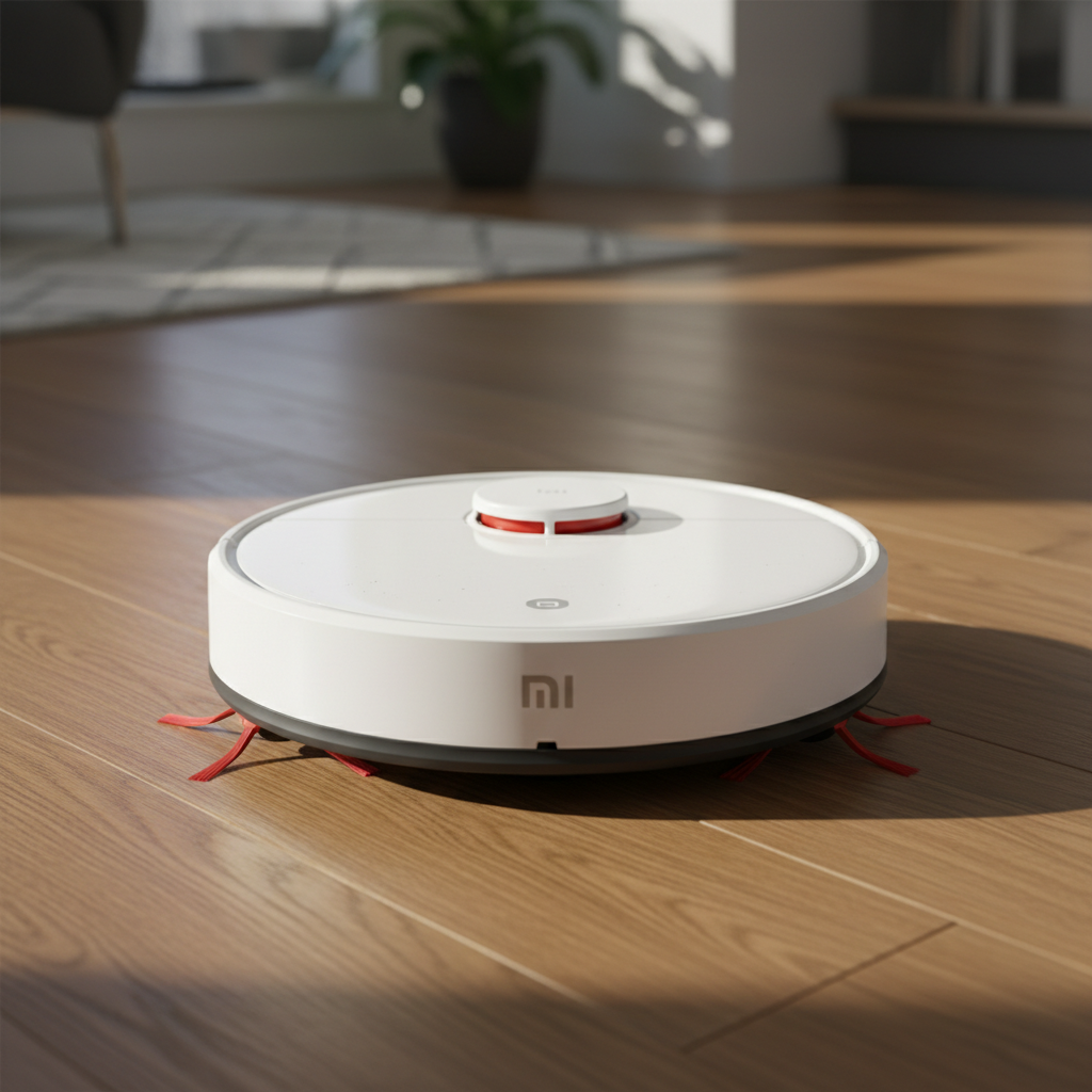 Xiaomi robot vacuum cleaner on hardwood floor in modern home