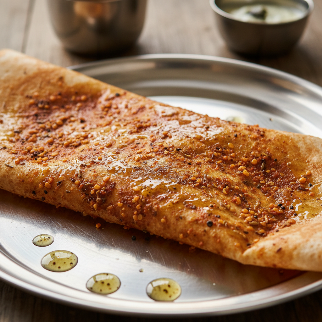 Garlic podi dosa crispy crepe coated with garlic powder and ghee