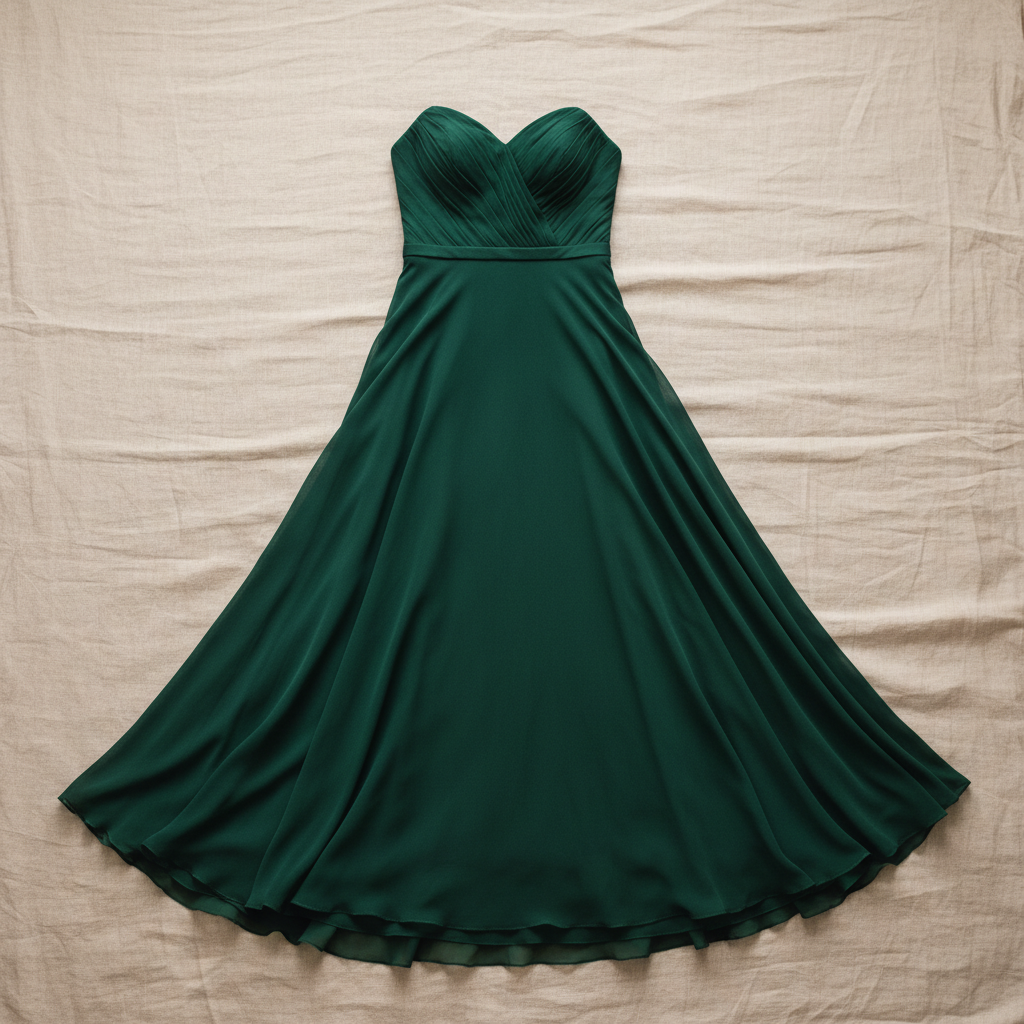 Deep emerald A-line bridesmaid dress with structured bodice and flowing skirt