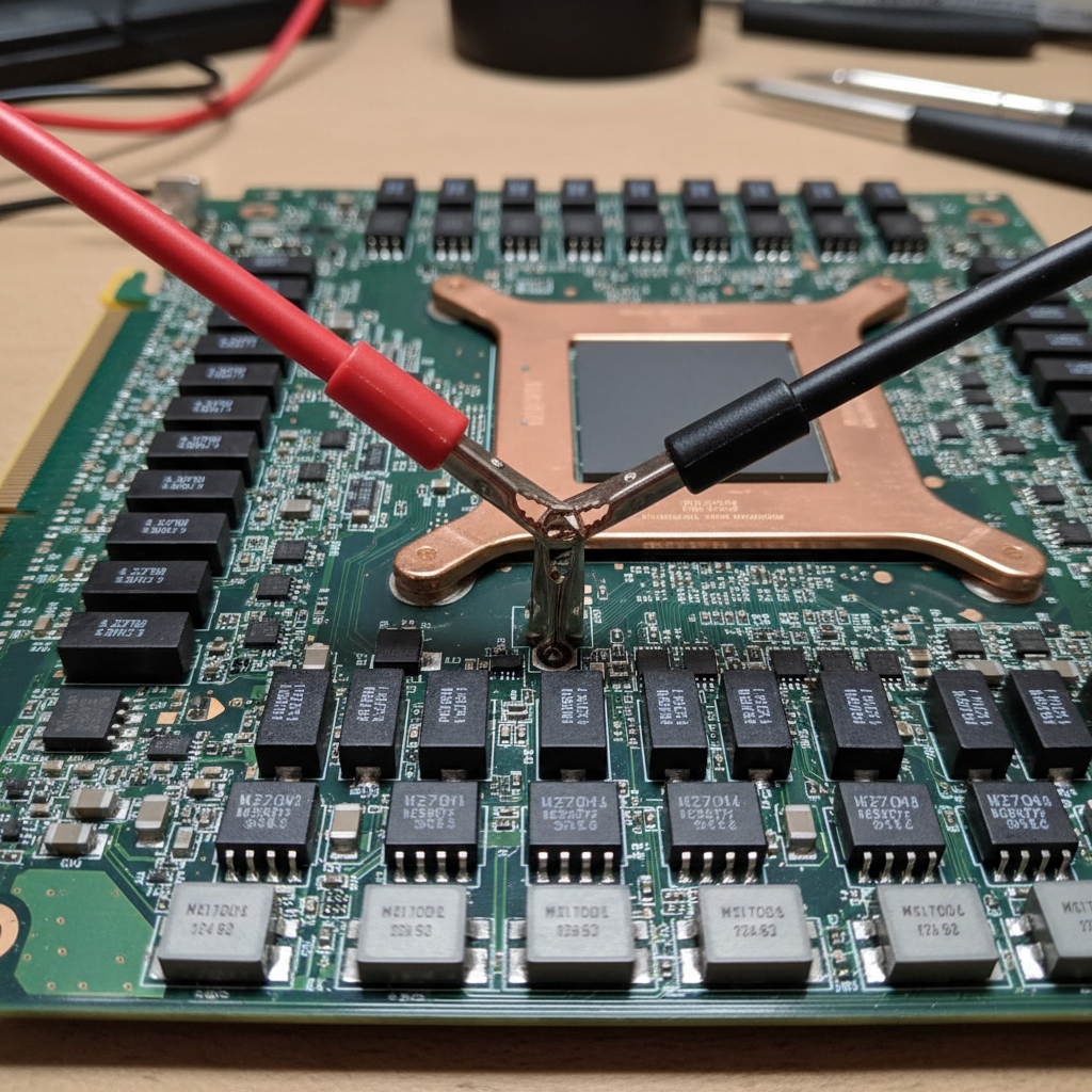 Close-up of GPU PCB with voltage measurement probes attached to power delivery components