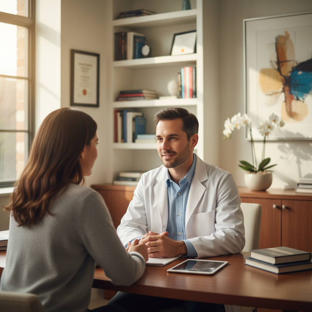 Physician sitting at eye level with patient in a warm, naturally lit exam room having a conversation
