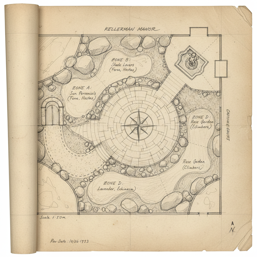 Hand-drawn pencil plan of the Kellerman courtyard showing planting zones and stone layout