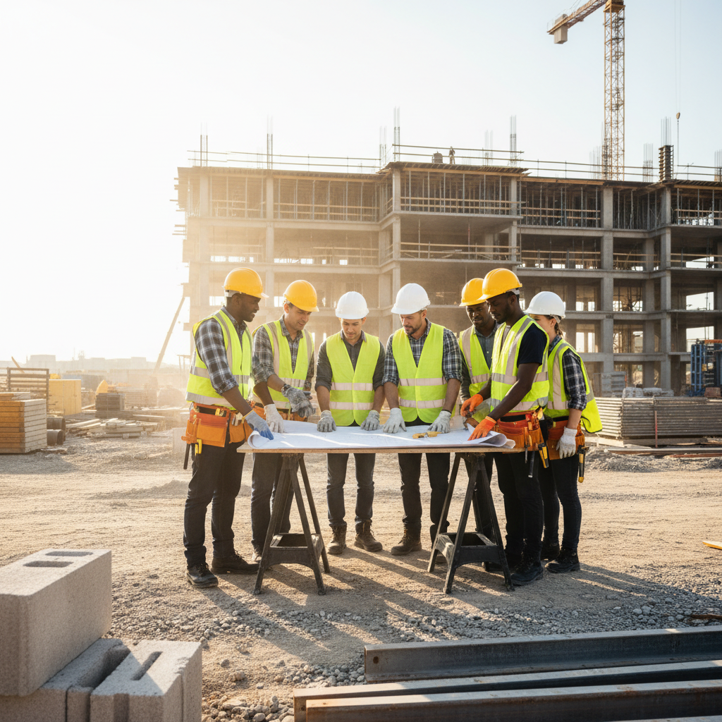 Professional engineering team in safety gear reviewing technical blueprints at construction site with industrial equipment in background