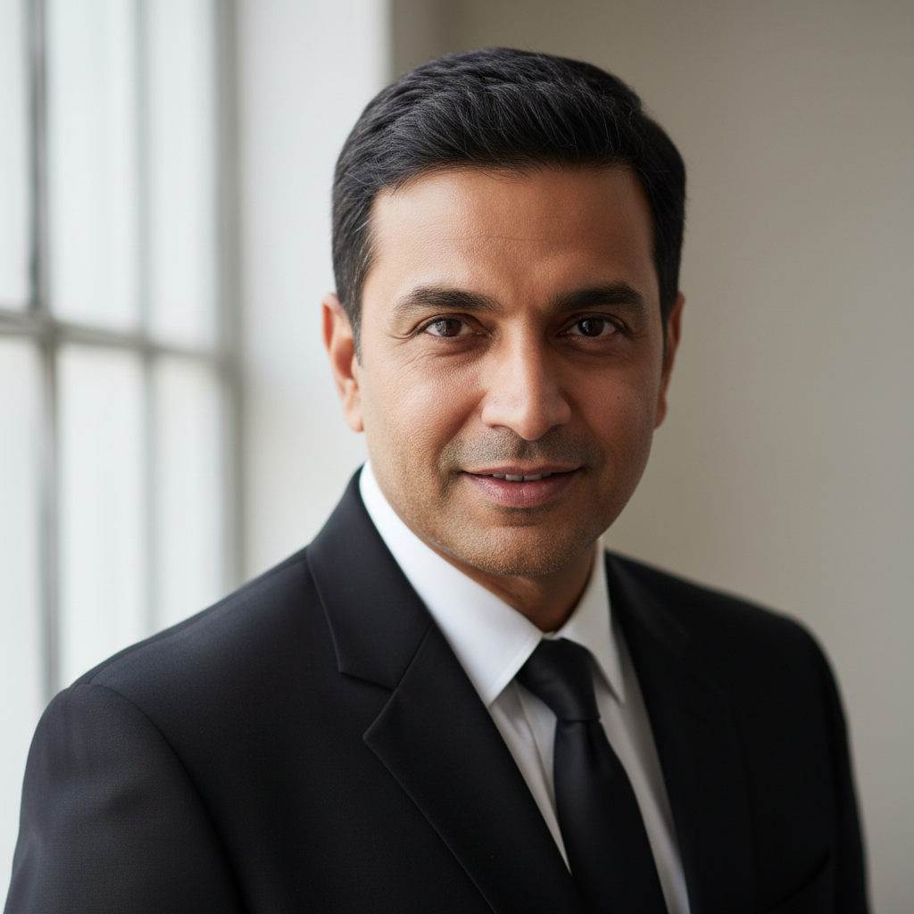 Indian male film director with dark background, professional headshot