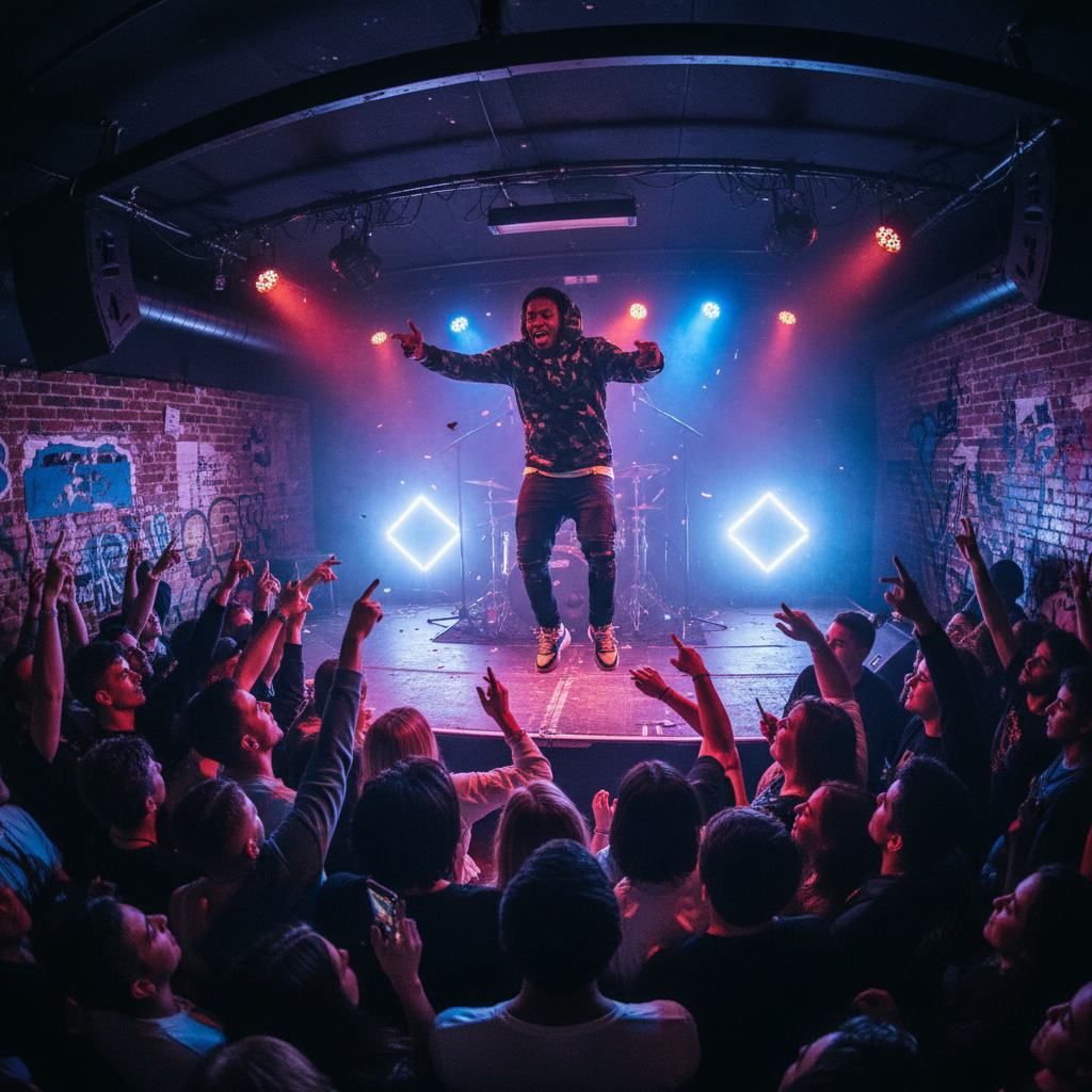 Small venue with 20 people watching a rapper perform on a small stage
