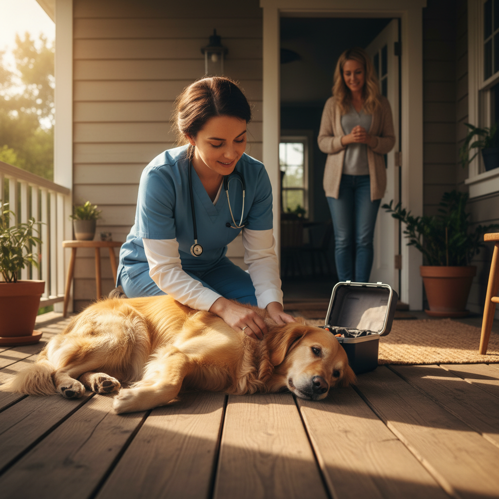 Veterinarian mid-laugh with golden retriever licking her chin in warm golden-hour light