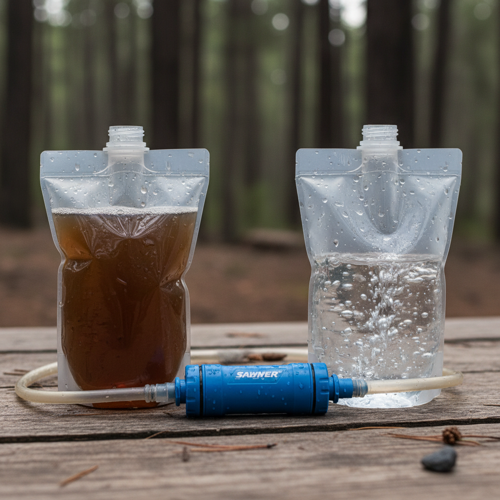 Water filtration setup with sawyer filter and clear bottles on wooden table