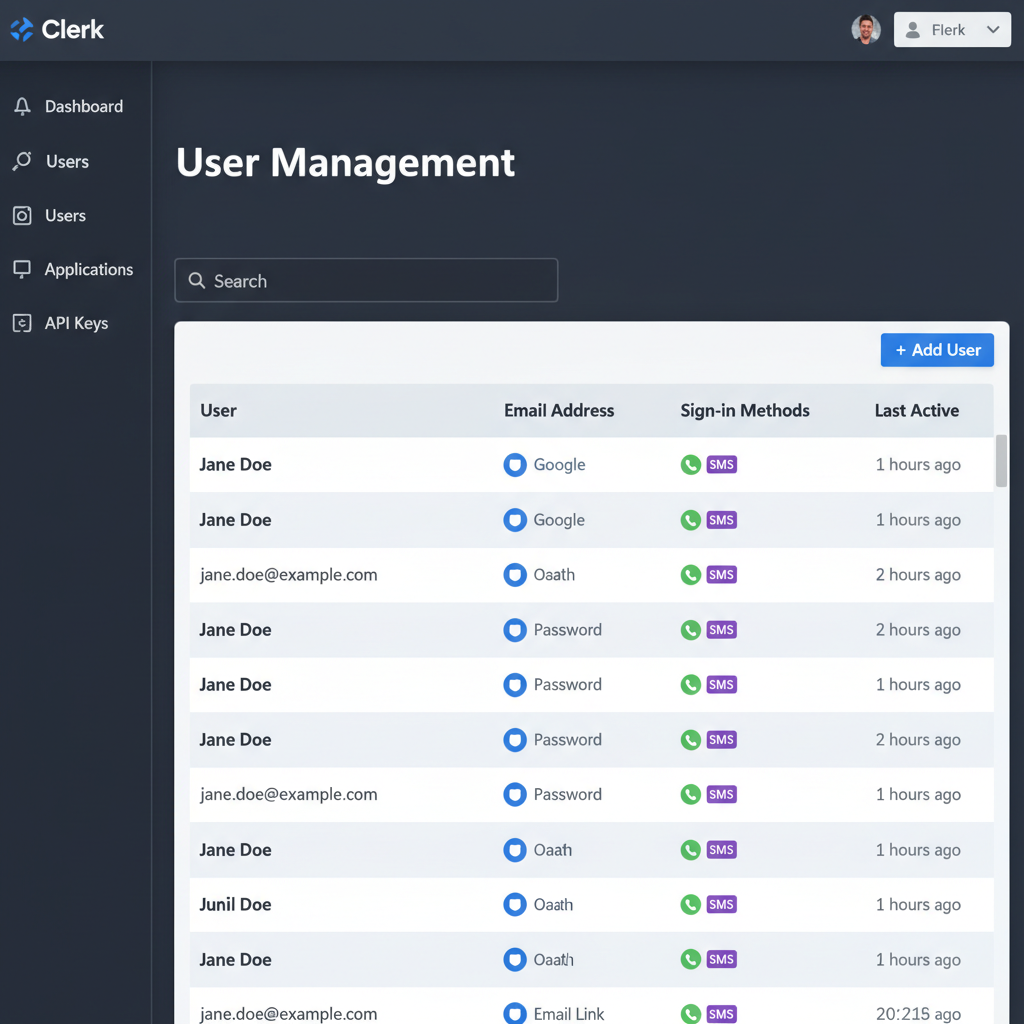 Clerk authentication dashboard showing user management table with sign-in method badges