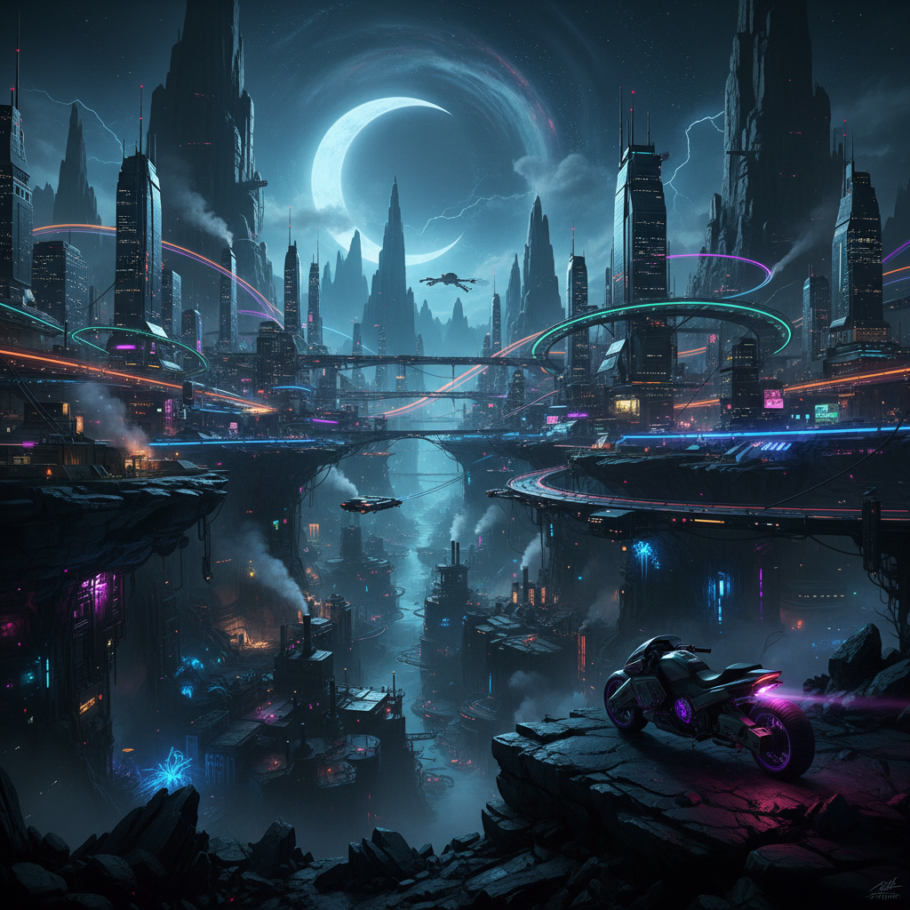 Dark atmospheric gaming environment with deep shadows, dim neon light traces, moody low-key industrial game world atmosphere