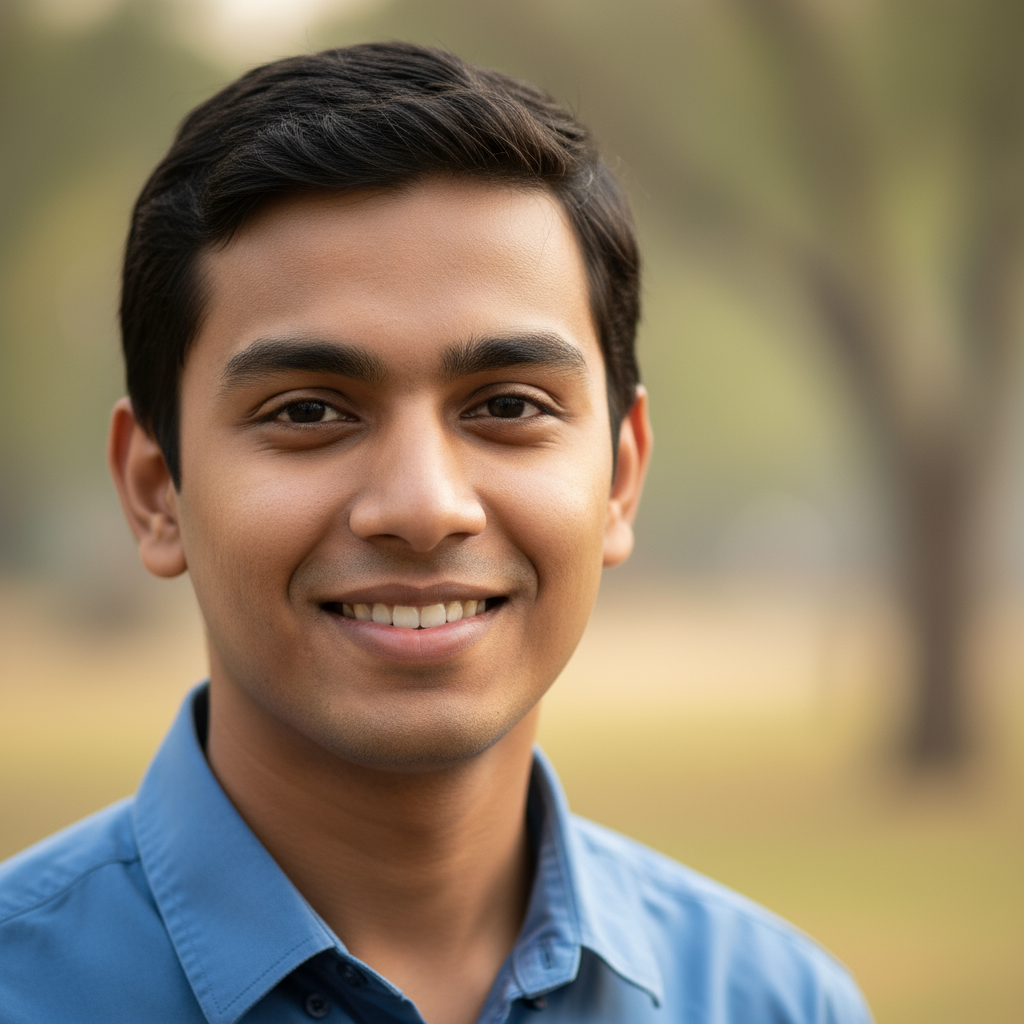 Young Indian college student man, casual professional attire, warm smile