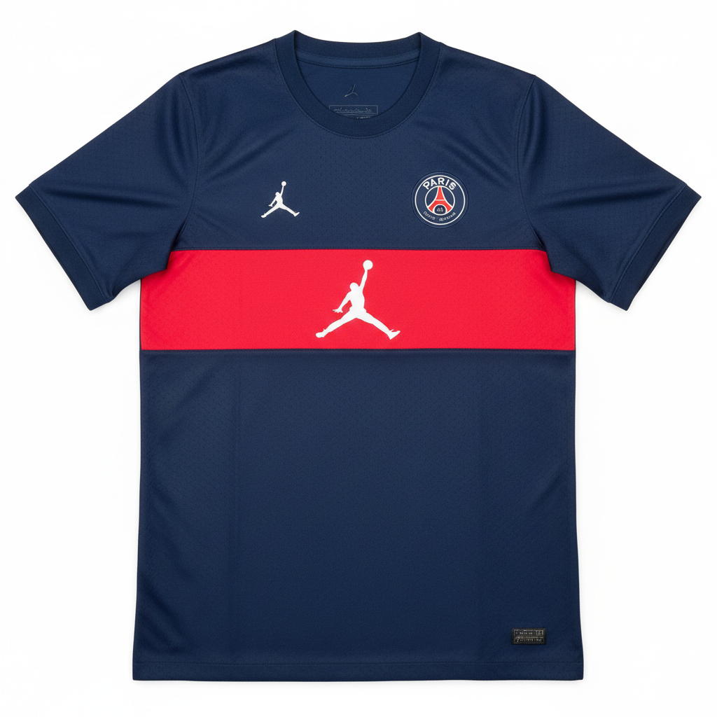 Black football jersey with Jordan brand logo, PSG Paris Saint-Germain collab edition, premium streetwear aesthetic