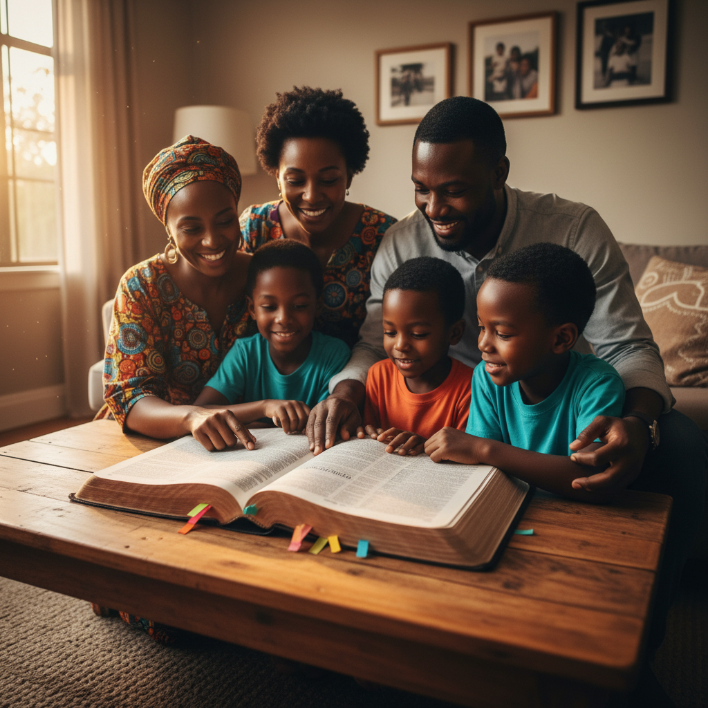 Happy African family smiling together in their community, warm sunlight, sense of joy and stability