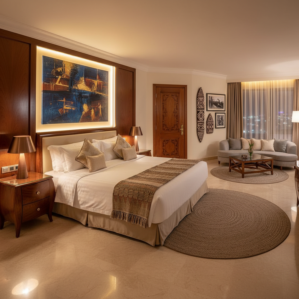 Spacious double room with queen-size bed, elegant bedding, wooden furniture, and warm ambient lighting at Uganda Guesthouse Pro