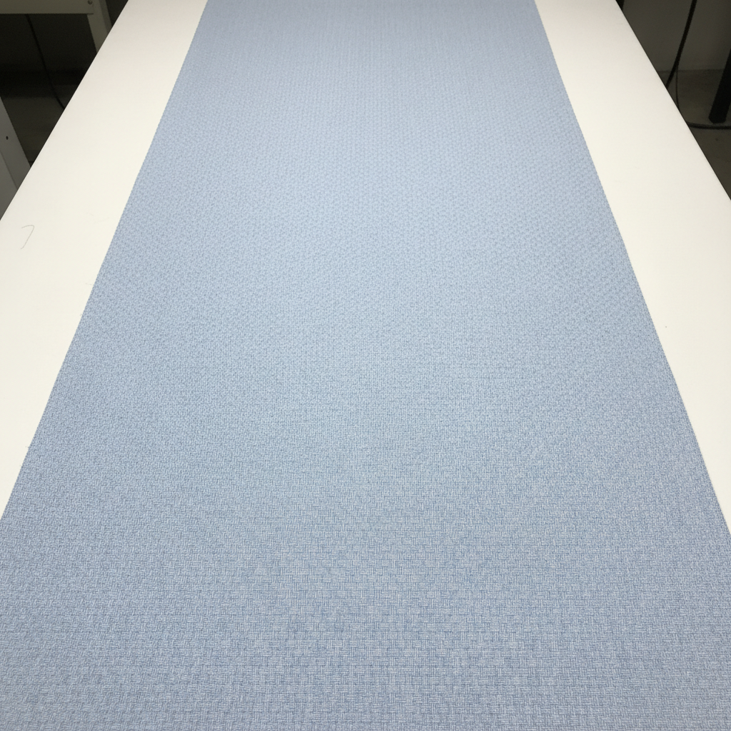 Light blue dobby shirting fabric with subtle geometric woven pattern in a bright professional textile setting