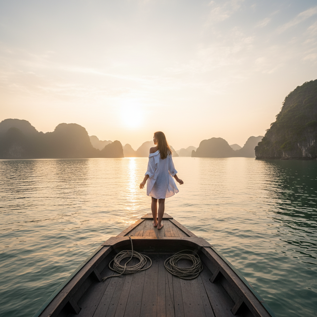 Linh Nguyen, founder of Voyage, standing at the prow of a junk boat in Ha Long Bay wearing a white linen shirt, morning light