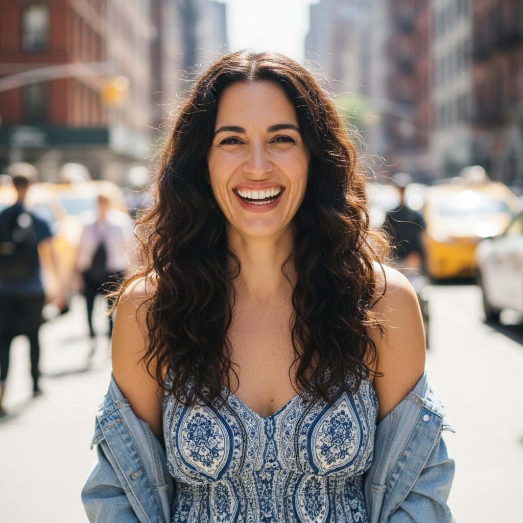 Smiling woman with dark hair wearing casual summer clothes