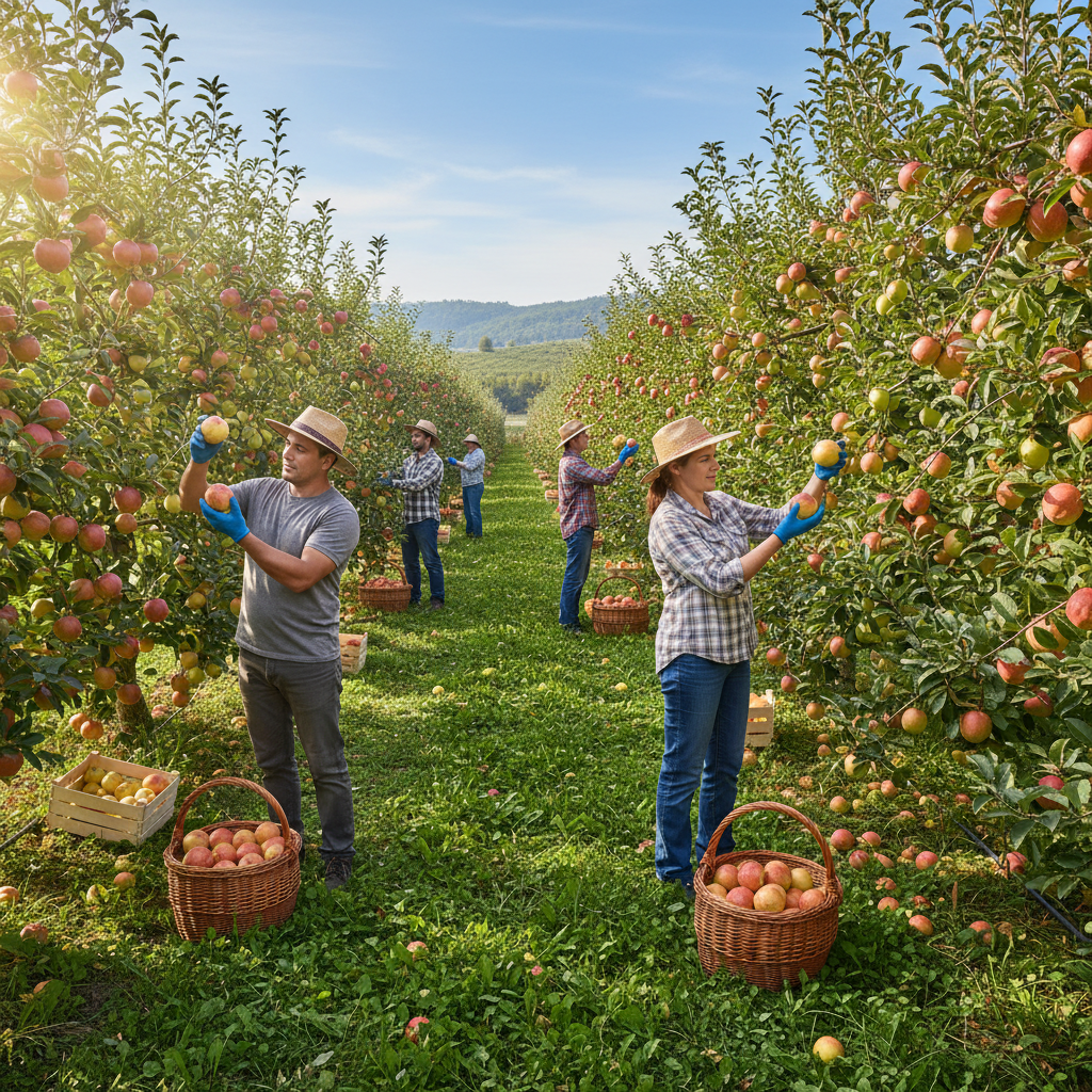 Apple orchard in Brittany, bright green apples on tree, pastoral French landscape